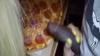 Pizza delivery guy feeds my wife some cum