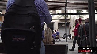 Public BDSM slut humiliated and spanked by audience