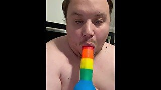 Dad Super Deep Throats HUGE Pride Dildo