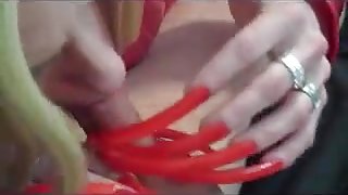 Beautiful Long Red Nails rub out the Cum