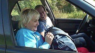 hitchhiking hot blonde granny picked up and doggy-fucked roadside