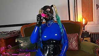 Miss Maskerade try her ballgag - mouth gag collection in full rubber and latex catsuit Front 01