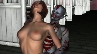 Foxy 3D brunette sucks on a zombies rock hard cock