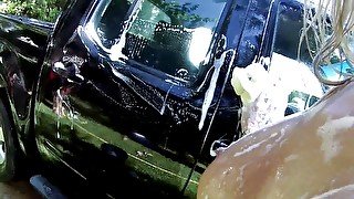 Dirty blonde washing a car has a sudden craving for cock