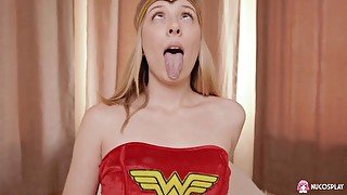 Cosplay girl Mary in Super Hero Wonder Woman Fingering and sucks a hard cock