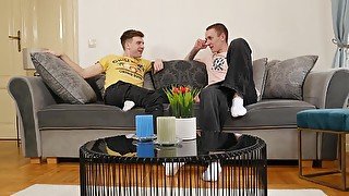 Slavic lads with slender bodies doing it on the couch