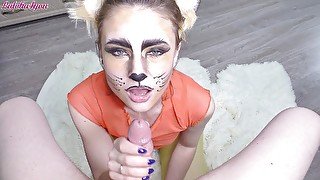 Girl in fox suit sucks cock and licks cum