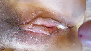 PUSSY ORGASM CREAM and a CUMSHOT on OPEN LABIA - I cream on his cock, he cums on my hairy milf bush