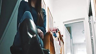 Footjob in leather boots