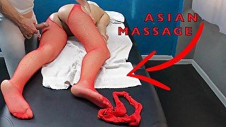 Hot Asian milf came for a massage with sexy tights to seduce & pussy tease the masseur!