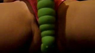 Rubbing my tight teeny pussy with huge green tool