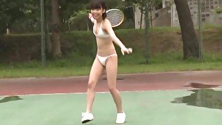 Tennis college girl in pink and white striped cotton panties