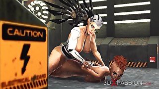 A hot black girl gets fucked hard by a cyber angel shemale in the sci-fi prison