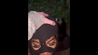 Ski mask slut sucks a big fat cock outside