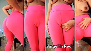 Fit Girl in Yoga Leggings Camel Toe. She gets wet from Touching her Pussy