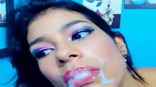 Latina slut sucks cock fucks and swallows hot cum