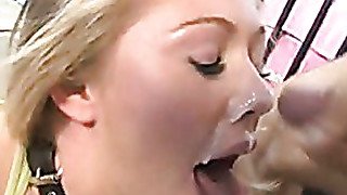 Naughty teen Brynn Tyler receives a sticky load of jizz on her face