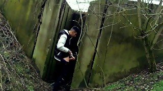 Autumn jerk off under the bridge - from soft cock till cum