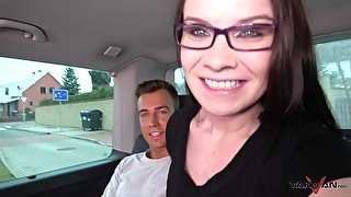 Wendy gets a hardcore doggy style pussy pounding while riding in a car