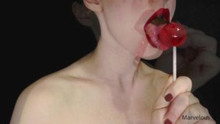 Hot sexy red lips licking and sucking lollypop and other food