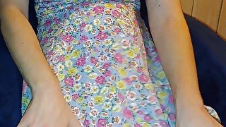 Crossdresser cums riding dildo wearing summer dress