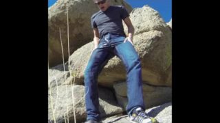 Pissing blue jeans in three public places with an outdoor cumshot