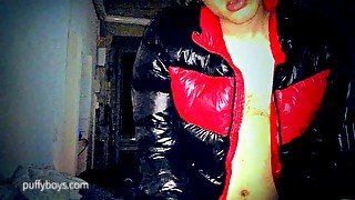 Up and down: fucking in black and red down puffy jacket