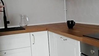 Red head masturbate in kitchen