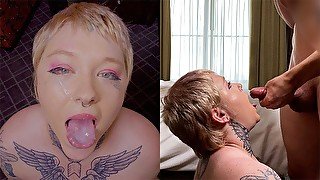 short hair tatted chick licks balls and swallows cum (with side cam)