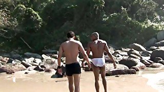 Interracial fit gay couple penetrate each others assholes outdoors