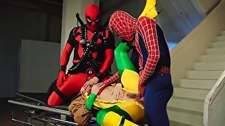 Slutty girl is fucked by two guys are the cosplay party