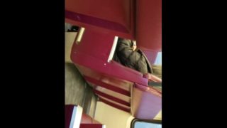 Quick cum on train near older woman, cum on leg and floor, 