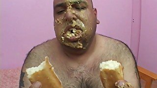 Dirty fat dude eats cake and gets his cock pleasured by Nollie