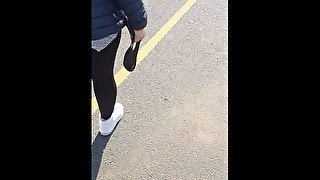 Step mom pulled out leggings in public place and fuck step son near supermarket