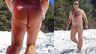 Naked at trail parking in the snow ALMOST CAUGHT!