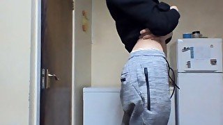 VERY SKINNY TEEN WEARS HIS STEPMOMS PANTIES AND MASTURBATES IN THE KITCHEN!