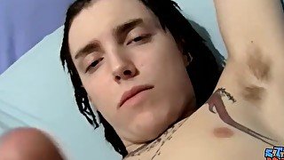 Tattooed young straight thug solo masturbates and cums