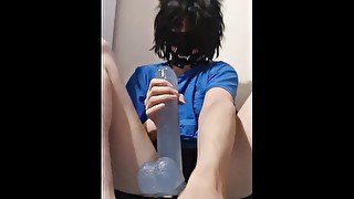 femboy takes huge anal dildo