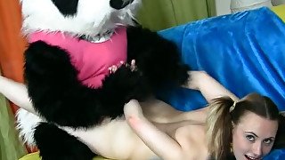 Horny girl playing with toy bear