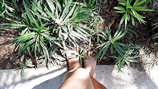 Milf with sexy strong feet outdoors