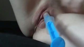 Lovely girlfriend pleasing wet punani with sex toy and finger