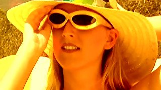 Light haired beach lady in sunglasses Mandy Bright sucks dick of her stud  in pool area