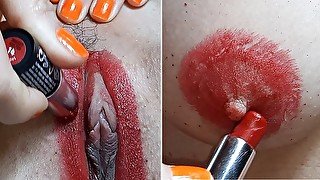 PUSSY LIPS & Nipples MAKEUP with RED Lipstick, CLOSE UP #131