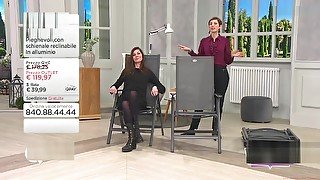 Woman shows off her combat boots and tights on an informercial
