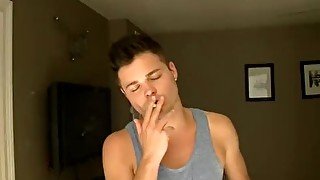 Cute young Dustin Fitch smokes during masturbation