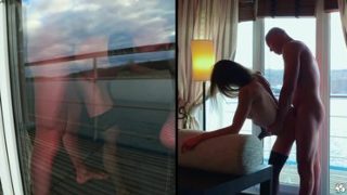 Couple Film Themselves Fucking From Inside Balcony Door, Girlfriend Laps Up Cum From Window