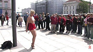 Cum thirsty blonde whore Kitty tied up in public and humiliated