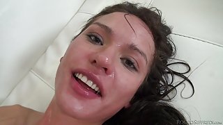 Brunette does blowjob and her globes is screwed rough