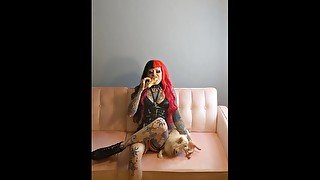 Fetish Dolly Pink Hair Goth Girl Eats Ice Cream Candy Raver Tattooed Mistress BDSM Queen Model