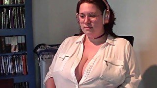 Watching a Vid in Tiny Bra and Blouse